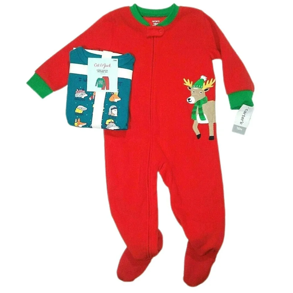 Carter's Footed Sleeper 18 Mos 2pc Cat‎ & Jack Pajama Reindeer Holiday Lot Baby